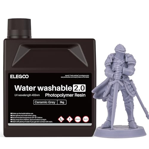Image of ELEGOO Upgraded Water Washable Resin 2.0, 3D Printer Resin with Low Viscosity and High Precision, 405nm Rapid UV-Curing Photopolymer Resin, 3D Resin for LCD /DLP 3D Printing, Grey 2000G