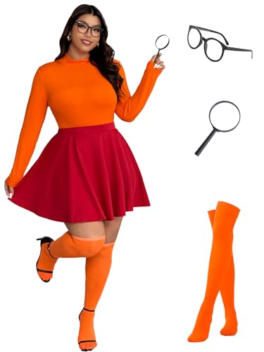 Image of 5Pcs Womens Costume Orange Long Sleeve Crop Top,Red Short Skirt,Stockings,Magnifier,Glasses Frames for Halloween