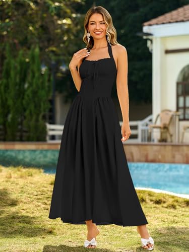 Image of KUTUMAI Summer Floral Corset Midi Dress Halter Smocked Sundress Flowy A Line Beach Wedding Guest Dresses for Women 2025