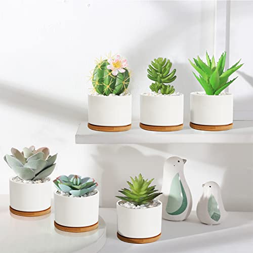 ZOUTOG Succulent Planter, White Mini 3.15 inch Ceramic Flower Planter Pot with Bamboo Tray, Pack of 4 - Plants Not Included - Thumbnail 7