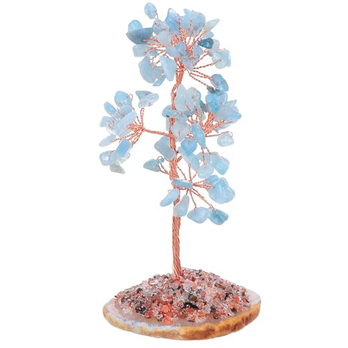 SHINEOFI Natural Aquamarine Crystal Money Tree with Base, Healing Gemstone Quartz Fortune Tree for Feng Shui Home Office Décor, Spiritual Artificial Gemstone Bonsai
