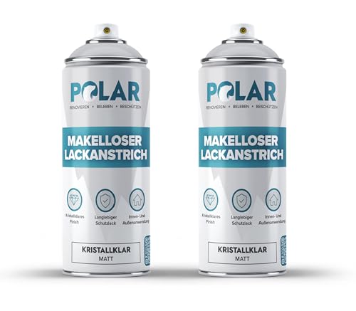 Polar Makelloser Klarlackspray - Matt - 2 x 400ml - Mehrzwecklack, unterschiedliche Materialien - schnell trocknend, haltbar und vergilbungsfrei - fur Kunststoff, Holz und Metall - drinnen/draußen