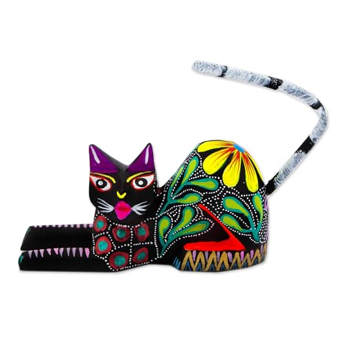 NOVICA Artisan Handmade Wood Alebrije Sculpture Copal Floral Black Cat from Mexico Multicolor 'Excited Black Cat - Mexican Art - Alebrijes'
