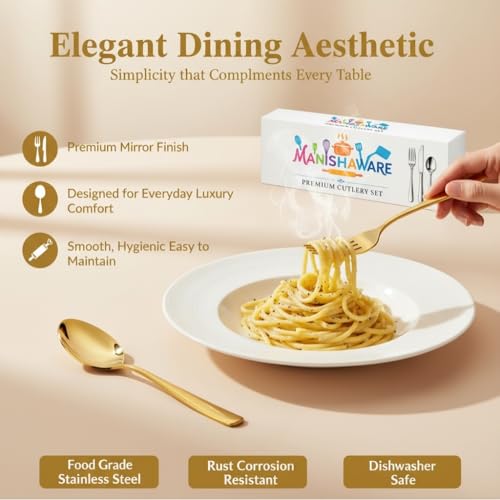 Image of Classic Gold 24 Pcs Stainless Steel Cutlery Set for Dining Table, Dishwasher Safe Glossy Flatware (Perfect Spoon Fork Set)