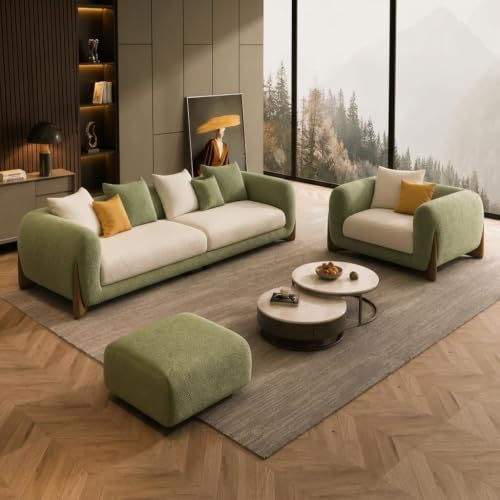 Image of Modern Boucle Sofa for Living Room Bedroom Reception and Office Wooden Polished Leg Sofa for Living Room (Off White & Olive, 3+1+Ottoman)