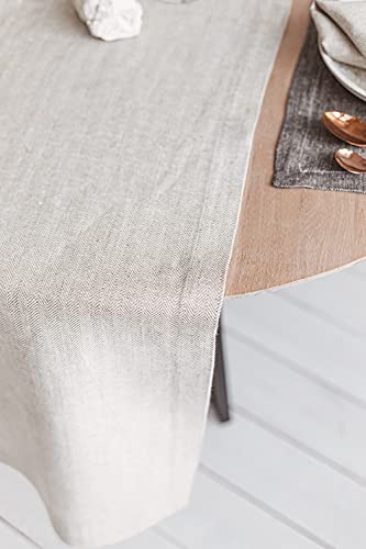 Natural 100% Linen Table Runner - Handcrafted Boho Table Runners 95 Inches Long - White-Natural Herringbone Pattern #TOP2