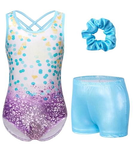 Idgreatim Girls Gymnastics Leotards Size 6-7 Neon Unitards Biketards 3 Piece Tumbling Outfit with Shorts Ballet Dance Set