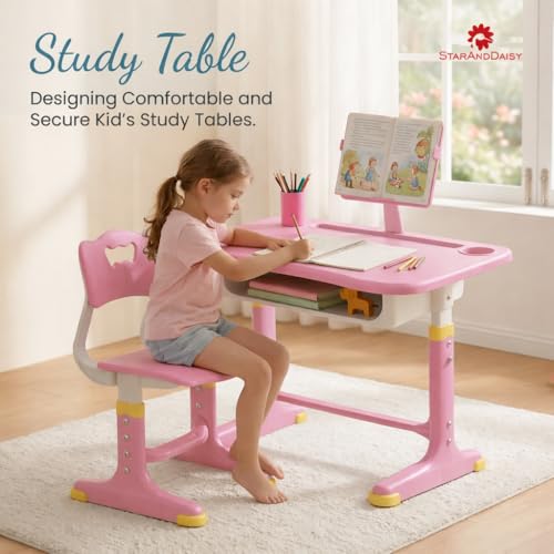 Image of StarAndDaisy Study Table for Kids 5-12 Years Boys & Girls, Adjustable Height Study Table & Chair Set for Kids /Baby, Children with Book Holder & Storage & LED Light, Wide Deck - Pink