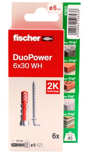 fischer - Duopower 6x30 Con Alcayata - 6U, Tacos para pared multimaterial, sirven para Colgar Bicicletas, Cuadros, Armarios, Soportes de Televisión, Estanterías, Muebles.