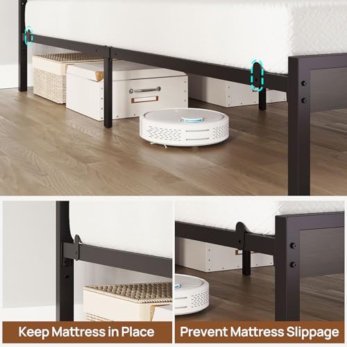 Image of Rolanstar Full Size Bed Frame with LED Lights and Charging Station, Wood Storage Headboard and Under Bed Storage, Metal Platform, Noise Free, No Box Spring Needed, Balck Oak