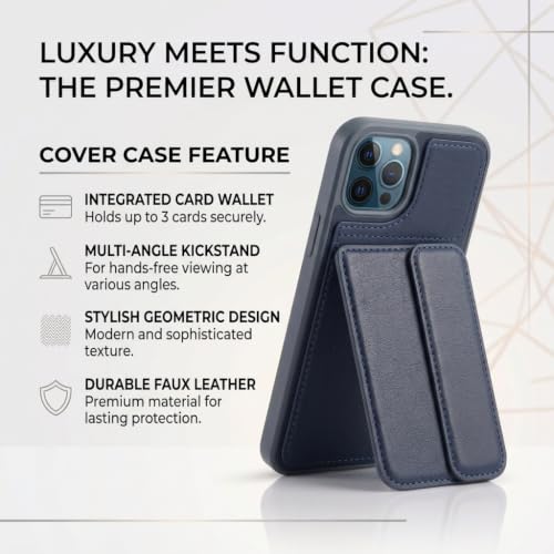 Image of amazon basics Luxury Vegan Leather Back Cover for iPhone 16 Pro Max | Built-in Card Holder Slot | Integrated Mobile Stand | Slim Shockproof Protective Case with Stitched Finish - Blue