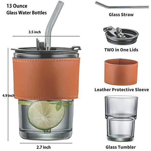 Image of BLUEPOLAR 13oz /400ml Tumbler Water Glass, Cups with Straw and Lid Sealed Carry on for Coffee, Iced Tea, Thick Wall Insulated Glass Cup (Amberwith Protect Sleeve)
