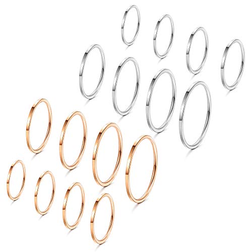 FIASASO 8-16 Pcs 1mm Stainless Steel Stacking Rings Knuckle Rings Plain Rings Midi Rings Comfort Fit Size 2 to 9