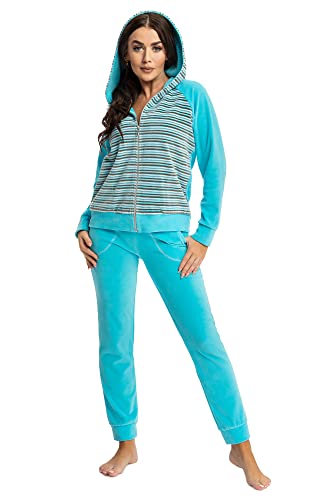 LEVERIE Moderno chándal para mujer con sudadera y pantalón cómodos., Rayas turquesas con capucha, XL Cover