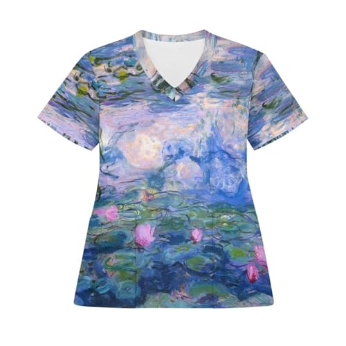 Nxidvxne Water Lilies Printed Scrub Tops for Women Oversize Soft Stretch Shirt Nursing Medical Uniform with Pockets Durable for Long Shifts Blue