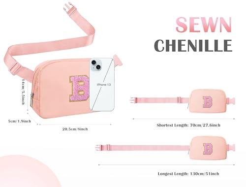 Image of COSHAYSOO Valentines Birthday Initial Gifts for Teen Girls 5 6 7 8 9 10 11 12 13 14 Year Old Pink Fanny Pack for Girls Belt Bag Crossbody Travel Purse Unique Trendy Girly Stuff Chenille Letter B