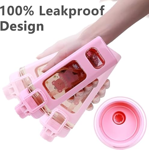Image of LHOTSE FreeSip Cute Square Water Bottle for School with Straw & Leakproof Lid - Large Capacity Kawaii Bottle for Kids, Girls & Office Use (Pink)