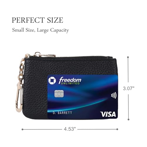 Full Grain Leather Coin Purse With Key Chain - Small Change Purse Card Holder Keychain Pouch Wallet for Women and Men (Black)3