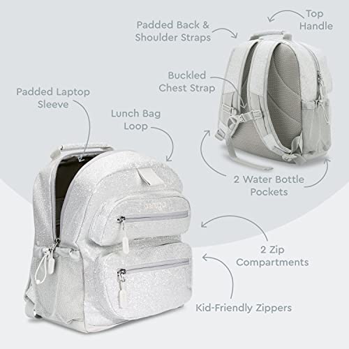 Image of Bentgo Kids Glitter Backpack - Lightweight 14 inch Backpack for School, Travel & Daycare, Ideal for Ages 4+, Durable & Water-Resistant, Roomy Interior, & Loop for Lunch Bag (Glitter Edition - Silver)