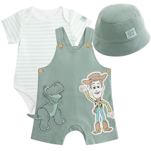 Disney Toy Story Mickey Mouse Pooh Baby Boys Shortall French Terry Overalls Bodysuit and Bucket Hat 3-Piece Set For Infants