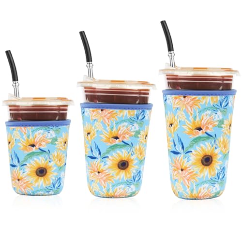 Image of Reusable 3-Pack Iced Coffee Cup Sleeve, Insulated Neoprene, Beverage Holder for Iced Coffee, Durable Drink Sleeve for Cold Beverages, Sunflower Smile