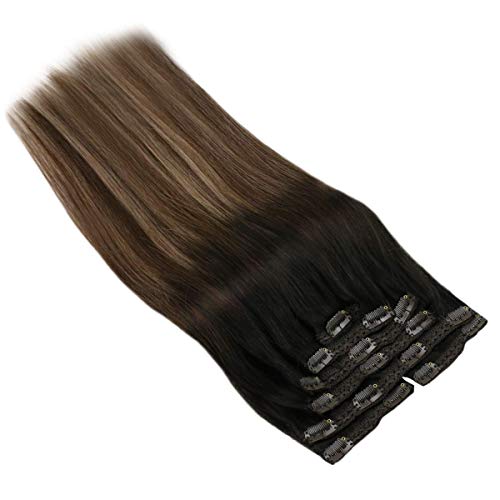 Clip in Black Hair Extensions Human Hair Ombre Brown Mix Ash Blonde Remy Balayage Clip on Hair Extensions Human Hair For Women 20inch 7PC 100G