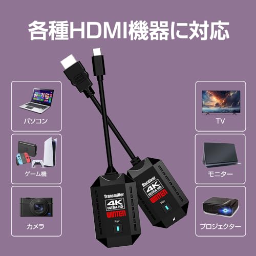 WINTEN ワイヤレス HDMI 送受信機 4K対応 Type-C接続 無線映像・音声転送 画面ミラーリング対応 日本技適認証取得 ドライバー不要 最大8台増設 変換アダプター（miniHDMI）WTHL-WIFI4K-BK