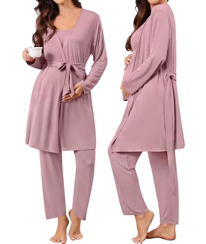 Image of SWOMOG Maternity Nursing Robe Set 3 Piece Breastfeeding Pajamas 3 in 1 Labor Delivery Sleevless Tops&Long Pants Pregnancy Pjs