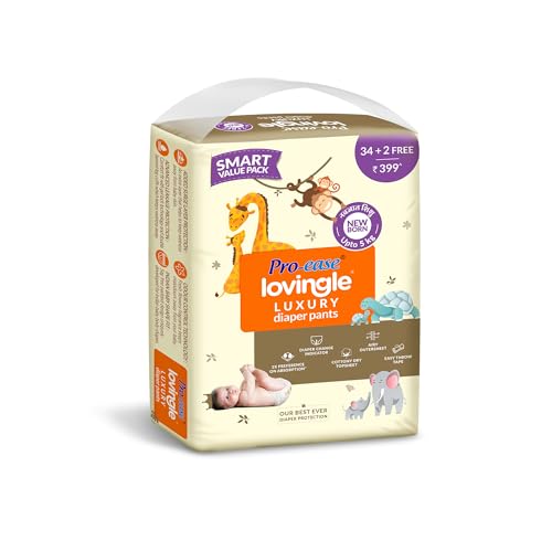Image of Pro-ease Lovingle Luxury Wrapper Baby Diaper|Pant Style Diaper|Nb size|2X Preference on Absorption*IAdvanced Leakage Protection|Wetness Indicator|Easy Throw Tape|Upto 5 Kg|36 (34 + 2 Free) Pieces