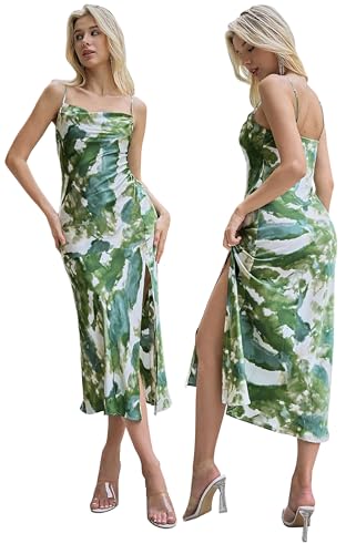 Image of Wedding Guest Dress for Women Spaghetti Strap Satin Slip Dresses | Slit Midi Dress, Cowl Neck, Cocktail, Formal, Evening Party