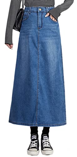 CHARTOU Women's Casual Elastic Waist Zip Up Denim Maxi A Line Skirt with Pockets