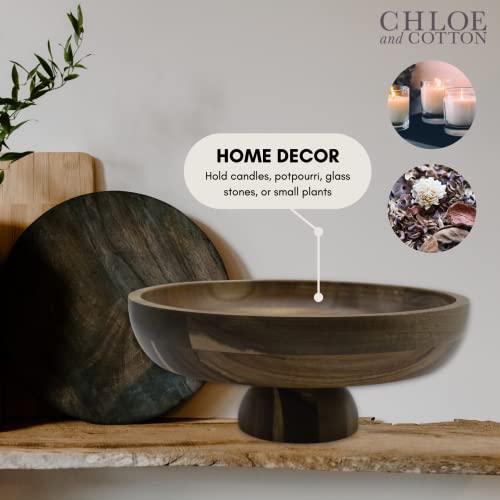 Chloe And Cotton | Large 12-Inch Brown Acacia Wood Bowl | Kitchen Counter Fruit Bowl | Decorative Pedestal Bowl For Entryway Table Decor #TOP6