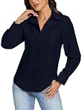 Ietaoo Blusas de manga larga para mujer, ajustadas, formales, elásticas, con botones, para oficina, azul marino, L