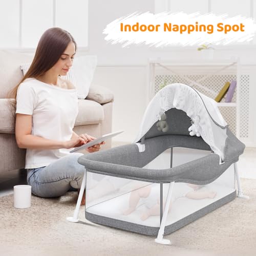 Growaystory Baby Reisebett,Geeignet für Babys von 0-5 Monaten,Portable Reisebettzelt,Klein Zusammenklappbar,Ausgestattet Moskitonetz und Spielzeug,Liegefläche 80 x 40 cm (Grau)