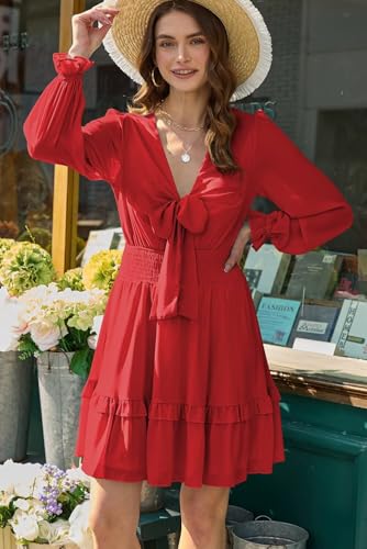 Image of Dokotoo Womens Casual Spring Fall 2025 Deep V Neck Knotted Tiered Chiffon Elegant Mini Short Swing Skater Dresses