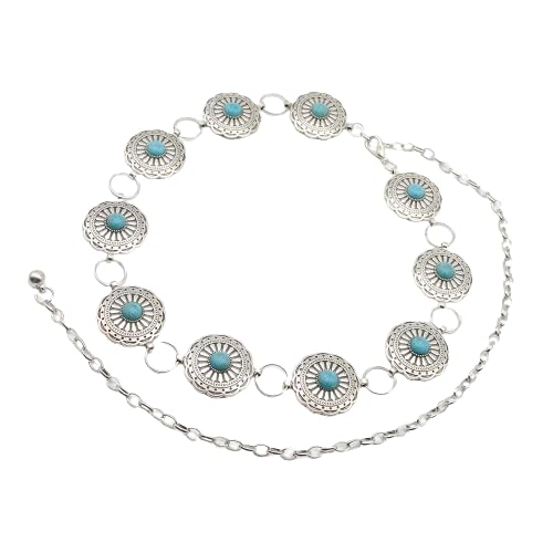 Vikodah Western Metal Belt Waist Chain with Turquoise Beads for Women Waist-decoration Body Accessories Silver