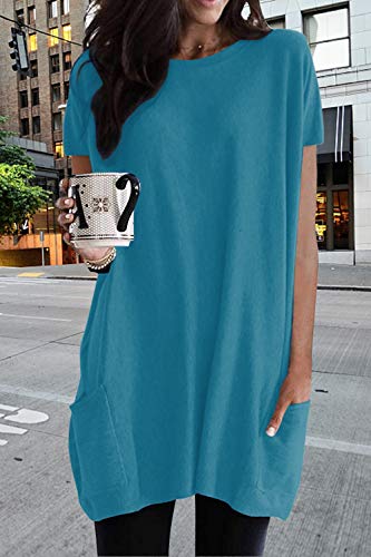Senserise Womens Short Sleeve Long Tunic Tops With Pockets Lightweight Loose Novelty T Shirts Wear With Leggings(Teal,L) #TOP1