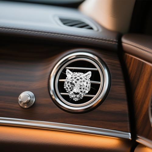 Image of Mandark Bling Leopard Car Air Vent Clip, 2PCS Crystal Rhinestone Vehicle Air Outlet Cheetah Print Decoration, Automotive Interior Ornament Accessories, Universal for SUV Sedan Truck (Silver)