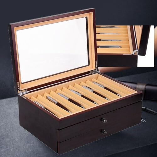 Stiftebox Holz, Aufbewahrungsbox für 34 Stifte Kugelschreiber, Glas-Aufbewahrungsbox mit Deckel, Glasfenster, Stiftsammlung, Vitrine, Stiftköcher