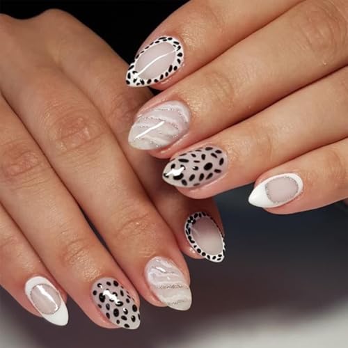 Image of Secret Lives Black Spotted Leopard Print Almond Press-On Nails - Trendy Wearable Nail Art, Reusable False Nails