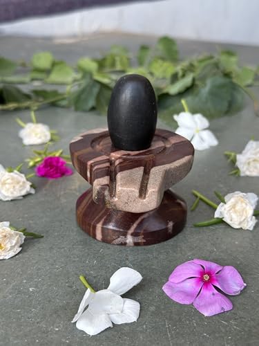 Image of Shivam VASTU AKAL 1.5 inch Original Narmadeshwar Narmada Shivling with 3 inch Narmada Stone Yoni Base Jaladhari (Black Shivling, Multicolor Damru Jaladhari)