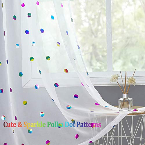 White Sheer Curtains For Bedroom 63-Inch Metallic Polka Dot Printed Window Curtain Panels For Nursery Kids Room No See Through Cute Voile Curtains Drapes For Girls Bedroom, Rod Pocket 52" W 2Pcs #TOP4