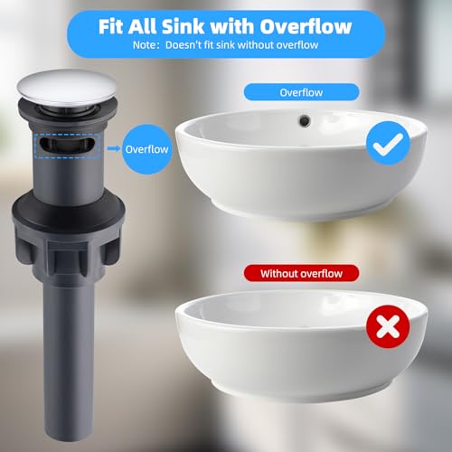 Hibbent 2 Pack Universal Bathroom Sink Drain Stopper, Pop Up Drain Strainer with Overflow, Push and Seal Sink Plug with Basket for Lavatory Vanity Vessel, Anti-Clogging Strainer, Chrome - image 5
