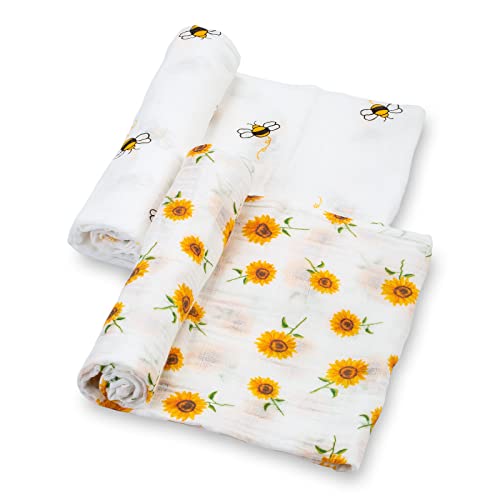 Image of LollyBanks Muslin Swaddle Blankets, Large 47 x 47 Inches Baby Blanket for Girls, 100% Cotton Newborn Blanket, Breathable and Lightweight Baby Receiving Blankets, Registry (Flower Bee 2 Pack)