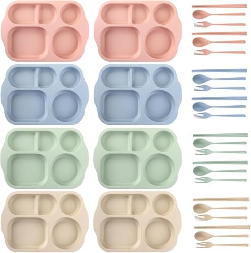 Nicunom 8 Pack Unbreakable Divided Plates, 5-Compartment Wheat Straw Tray Divided Food Plates Lunch Trays Section Plates, Microwave Dishwasher Safe, BPA Free, 11 Inch