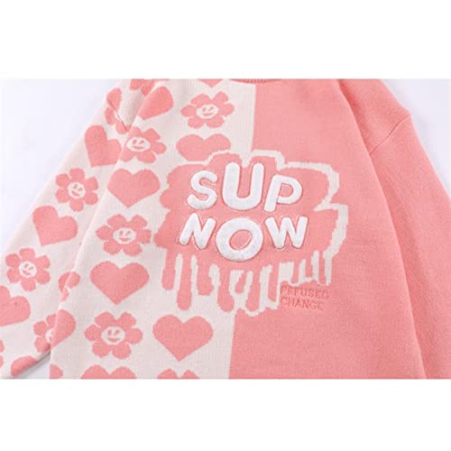XMAIYIF (Wool) Sweater Patchwork Heart Letter Pattern Sweater Men Pullover Couple Sweaters Sweater(Pink,M)4