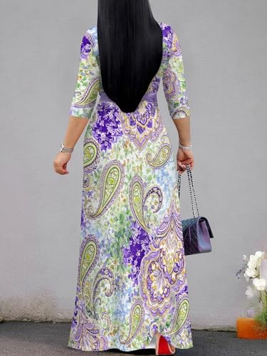 Image of PinkPatty Plus Size Maxi Dress for Women Casual V Neck 3 /4 Sleeve Boho Printed Long Dress with Pockets