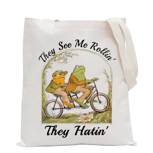 POFULL Frog Inspired Gift They See Me Rollin Tote Bag Literary Gift (Frog They See Tote Bag)