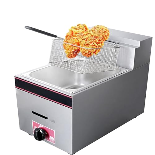 Freidora de gas comercial con tanque de 10 litros, freidora de gas licuado de acero inoxidable para restaurante con potencia de fuego ajustable y fácil limpieza, freidora semiprofesional