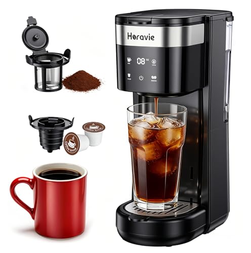All-in-1 Single Serve Coffee Maker, Fit 7.8' Travel Mug, Hot & Iced K Cup Coffee Machine with 5 Brew Sizes, One Cup Coffee Maker with Descaling and Low Water Alert, 30oz Removable Reservoir, Black